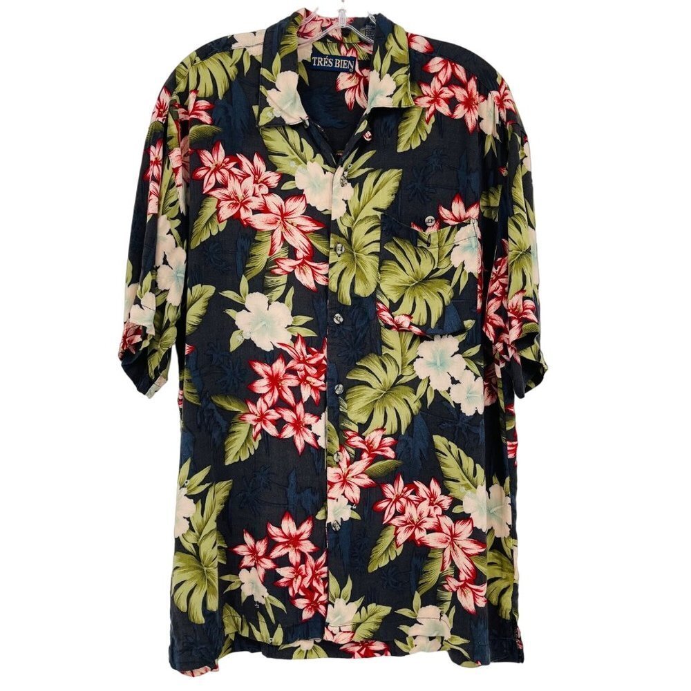 Tres Bien Men's Floral Hawaiian Shirt Size L Button‎ Up Camp Rayon Vacation